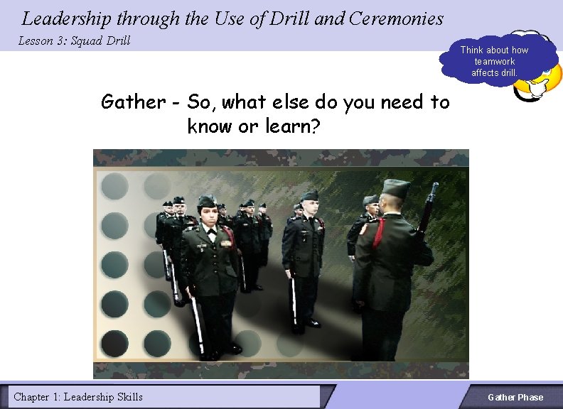 Leadership through the Use of Drill and Ceremonies Lesson 3: Squad Drill Gather -