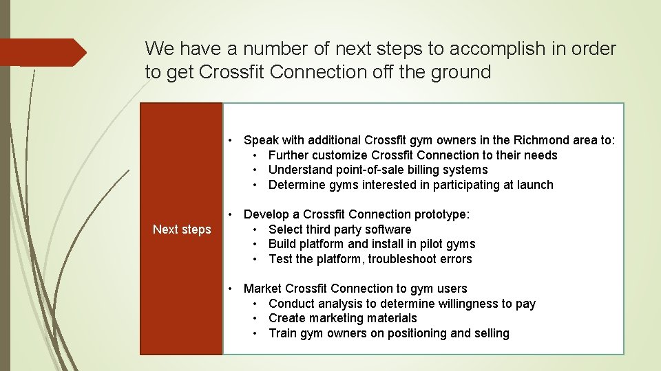 We have a number of next steps to accomplish in order to get Crossfit
