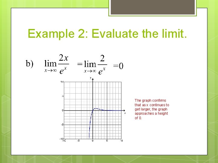 Example 2: Evaluate the limit. The graph confirms that as x continues to get