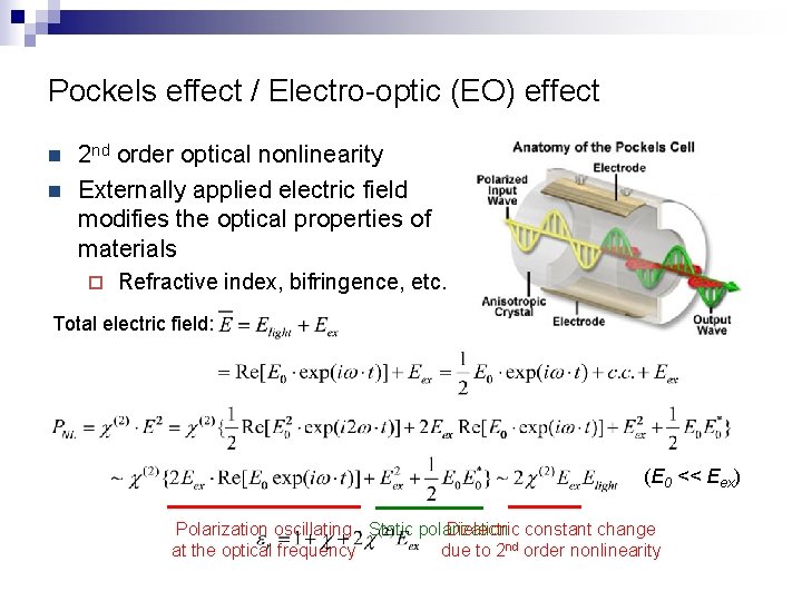 Pockels effect / Electro-optic (EO) effect n n 2 nd order optical nonlinearity Externally