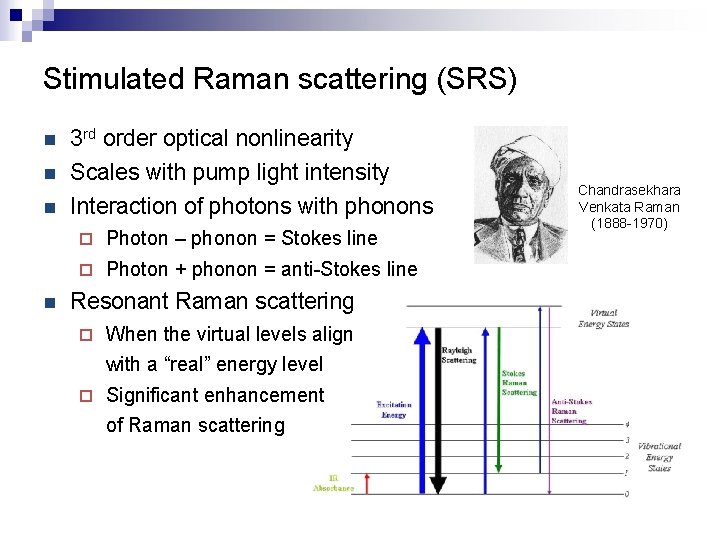 Stimulated Raman scattering (SRS) n n 3 rd order optical nonlinearity Scales with pump