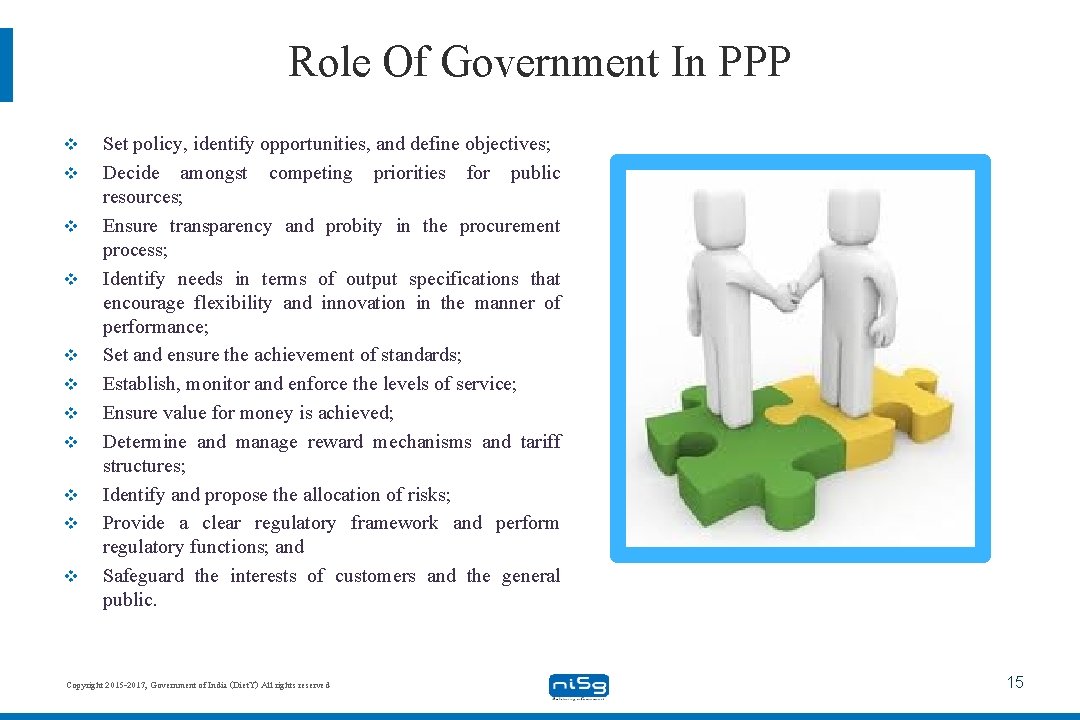 Role Of Government In PPP v v v Set policy, identify opportunities, and define