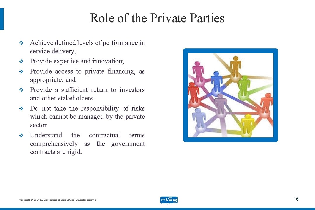 Role of the Private Parties v v v Achieve defined levels of performance in