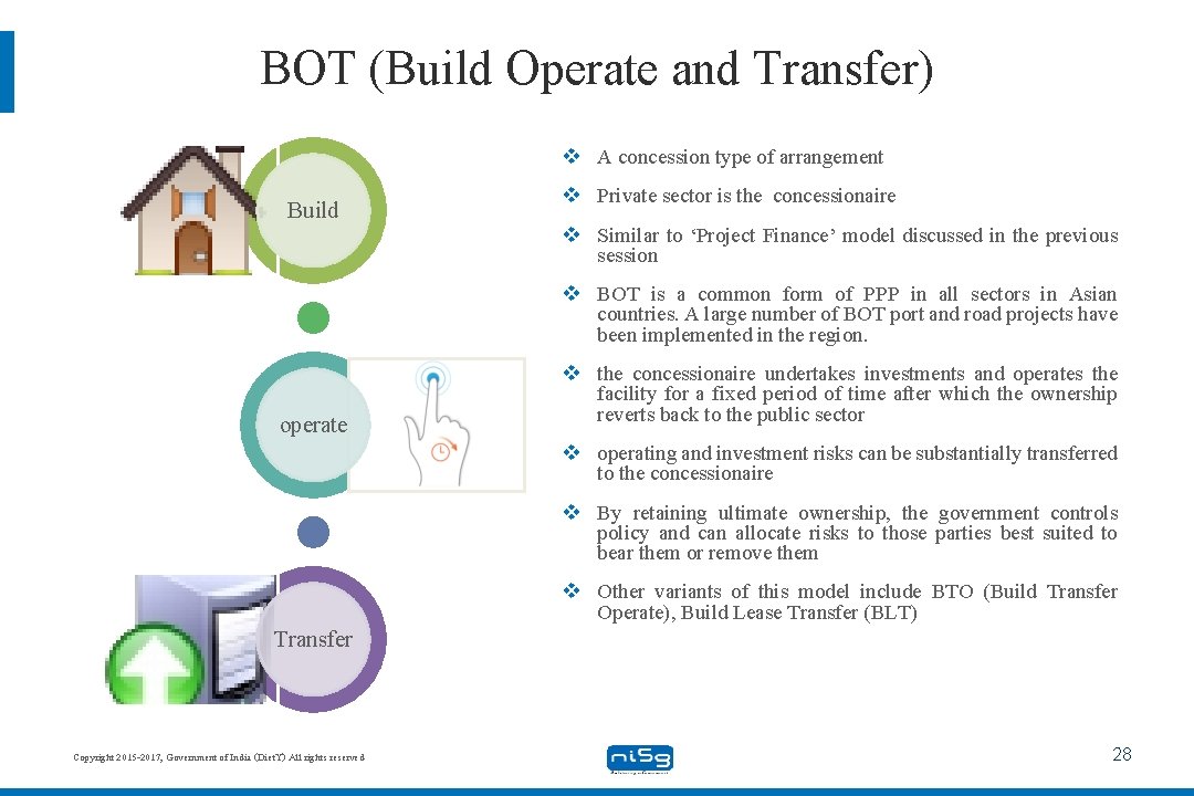 BOT (Build Operate and Transfer) v A concession type of arrangement Build v Private