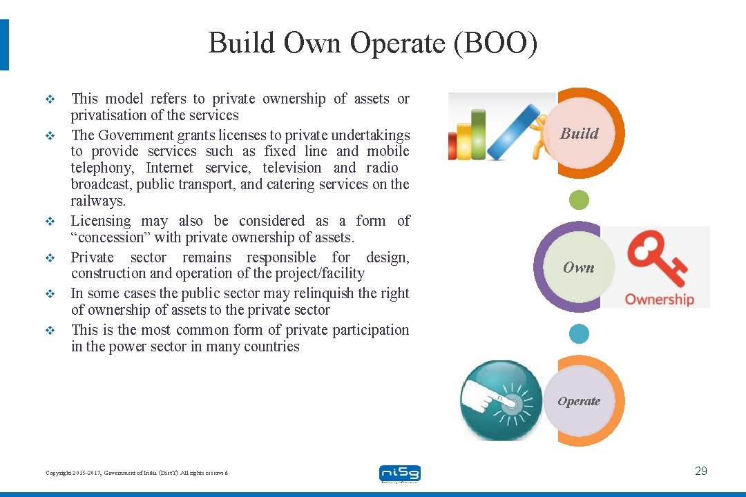 Build Own Operate (BOO) v v v This model refers to private ownership of