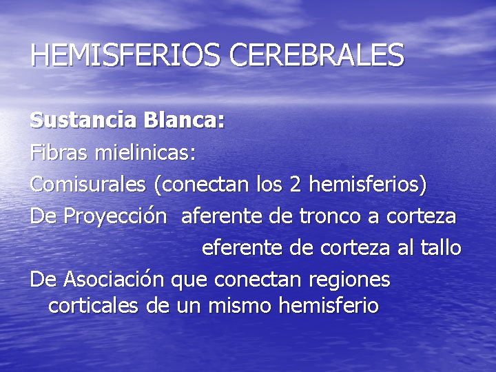 HEMISFERIOS CEREBRALES Sustancia Blanca: Fibras mielinicas: Comisurales (conectan los 2 hemisferios) De Proyección aferente HEMISFERIOS CEREBRALES Sustancia Blanca: Fibras mielinicas: Comisurales (conectan los 2 hemisferios) De Proyección aferente