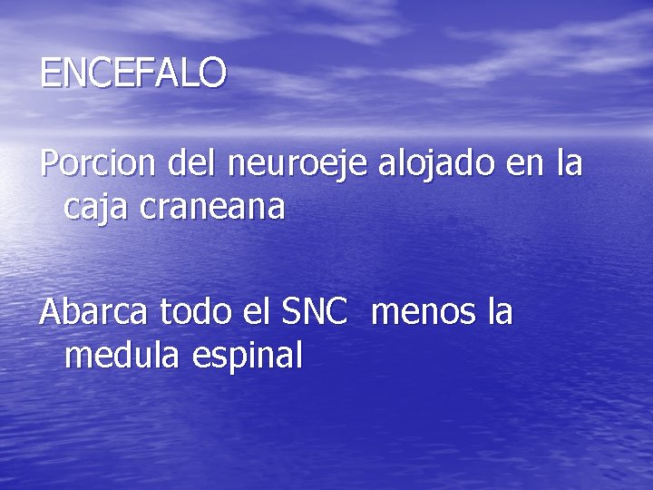 ENCEFALO Porcion del neuroeje alojado en la caja craneana Abarca todo el SNC menos ENCEFALO Porcion del neuroeje alojado en la caja craneana Abarca todo el SNC menos