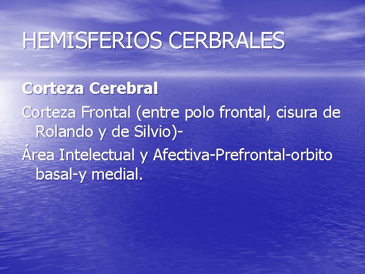HEMISFERIOS CERBRALES Corteza Cerebral Corteza Frontal (entre polo frontal, cisura de Rolando y de HEMISFERIOS CERBRALES Corteza Cerebral Corteza Frontal (entre polo frontal, cisura de Rolando y de