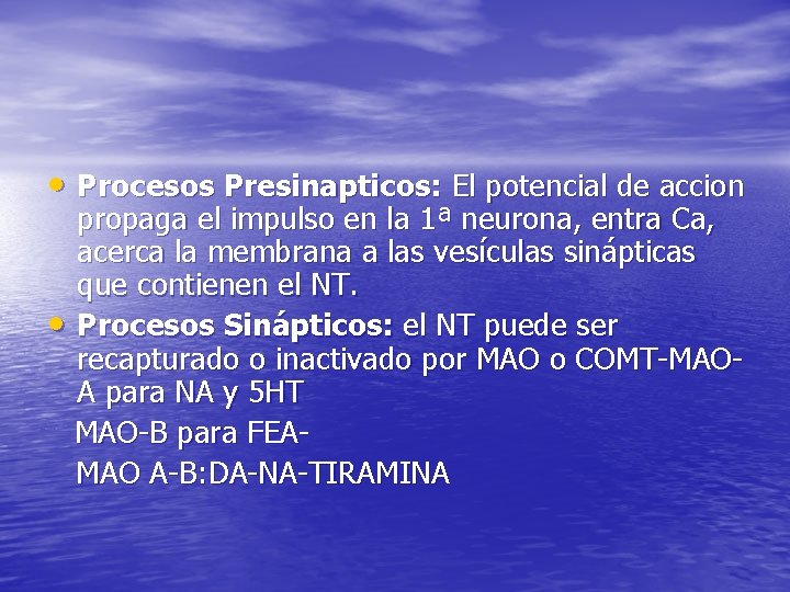 • Procesos Presinapticos: El potencial de accion propaga el impulso en la 1ª • Procesos Presinapticos: El potencial de accion propaga el impulso en la 1ª