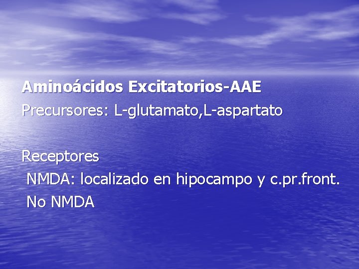Aminoácidos Excitatorios-AAE Precursores: L-glutamato, L-aspartato Receptores NMDA: localizado en hipocampo y c. pr. front. Aminoácidos Excitatorios-AAE Precursores: L-glutamato, L-aspartato Receptores NMDA: localizado en hipocampo y c. pr. front.