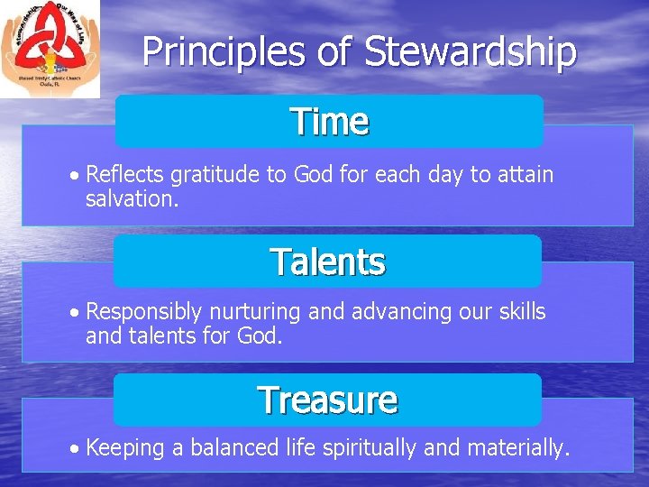 Principles of Stewardship Time • Reflects gratitude to God for each day to attain