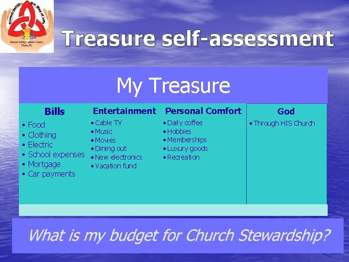 Treasure self-assessment My Treasure Bills • • • Food Clothing Electric School expenses Mortgage