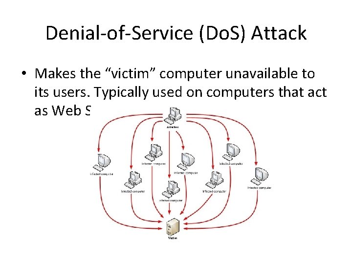 Denial-of-Service (Do. S) Attack • Makes the “victim” computer unavailable to its users. Typically