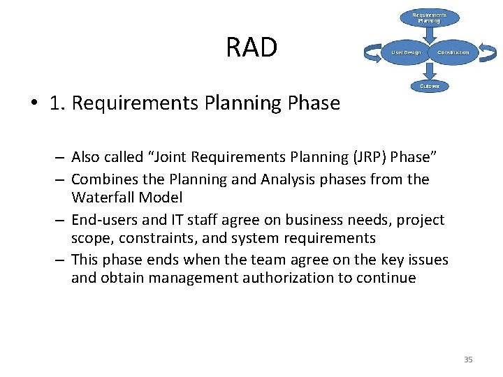 RAD • 1. Requirements Planning Phase – Also called “Joint Requirements Planning (JRP) Phase”