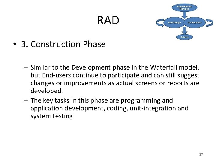 RAD • 3. Construction Phase – Similar to the Development phase in the Waterfall