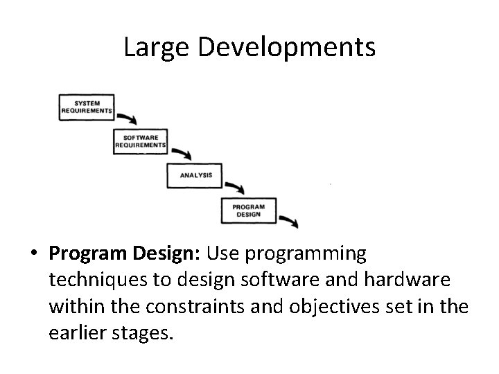 Large Developments • Program Design: Use programming techniques to design software and hardware within