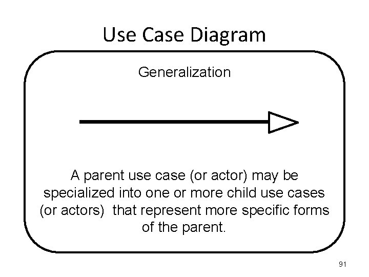Use Case Diagram Generalization A parent use case (or actor) may be specialized into