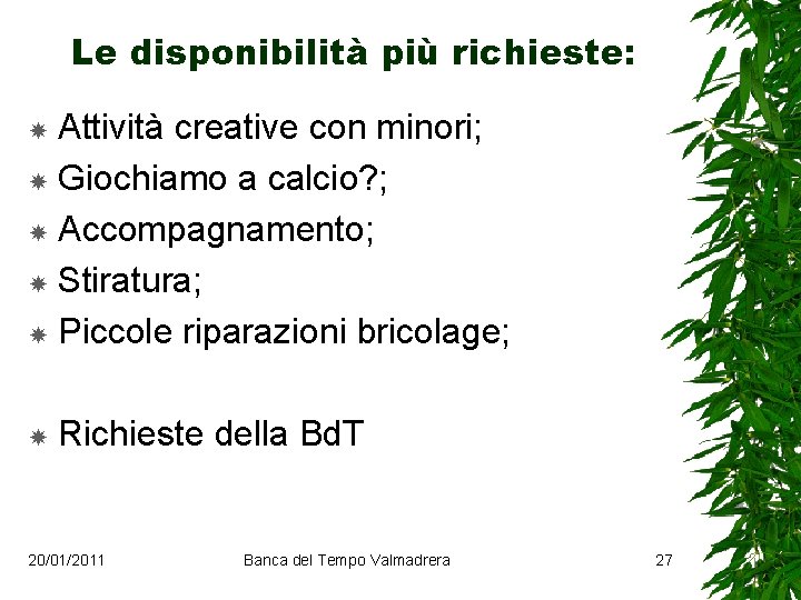 Le disponibilità più richieste: Attività creative con minori; Giochiamo a calcio? ; Accompagnamento; Stiratura;