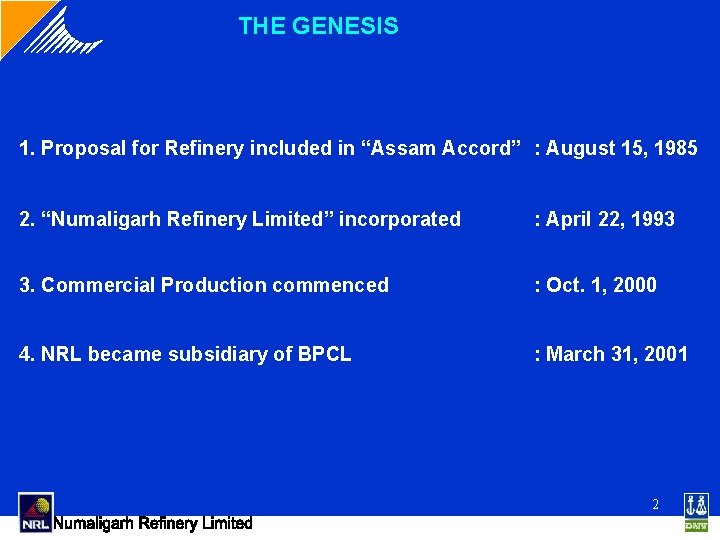 THE GENESIS 1. Proposal for Refinery included in “Assam Accord” : August 15, 1985 THE GENESIS 1. Proposal for Refinery included in “Assam Accord” : August 15, 1985