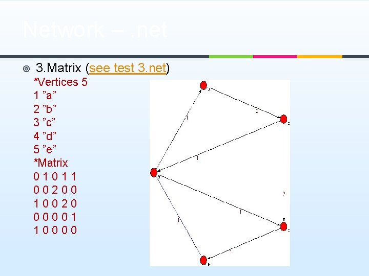 Network –. net ¥ 3. Matrix (see test 3. net) *Vertices 5 1 ”a”