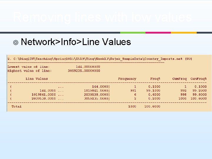 Removing lines with low values ¥ Network>Info>Line Values 