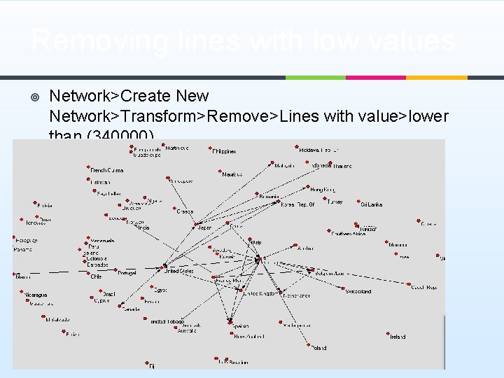 Removing lines with low values ¥ Network>Create New Network>Transform>Remove>Lines with value>lower than (340000) 