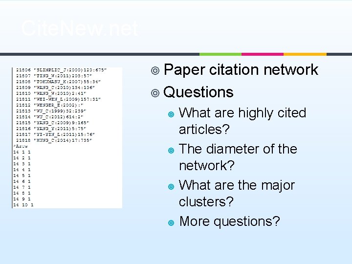 Cite. New. net ¥ Paper citation network ¥ Questions What are highly cited articles?