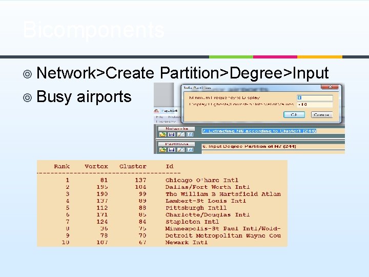 Bicomponents ¥ Network>Create Partition>Degree>Input ¥ Busy airports 
