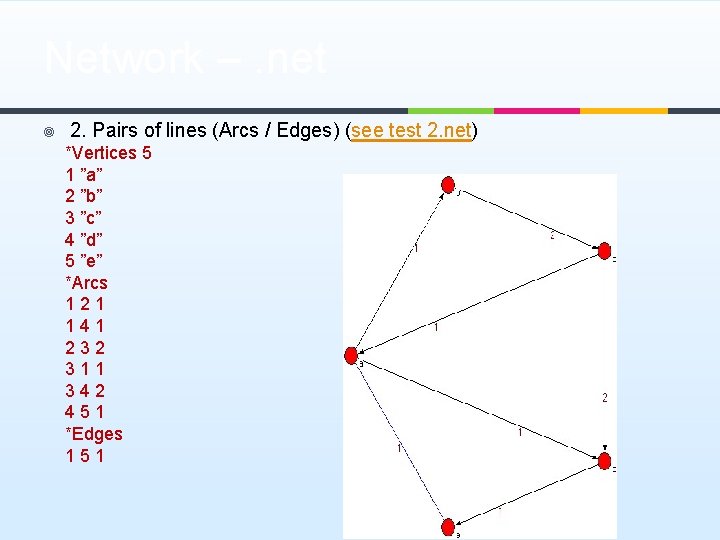 Network –. net ¥ 2. Pairs of lines (Arcs / Edges) (see test 2.
