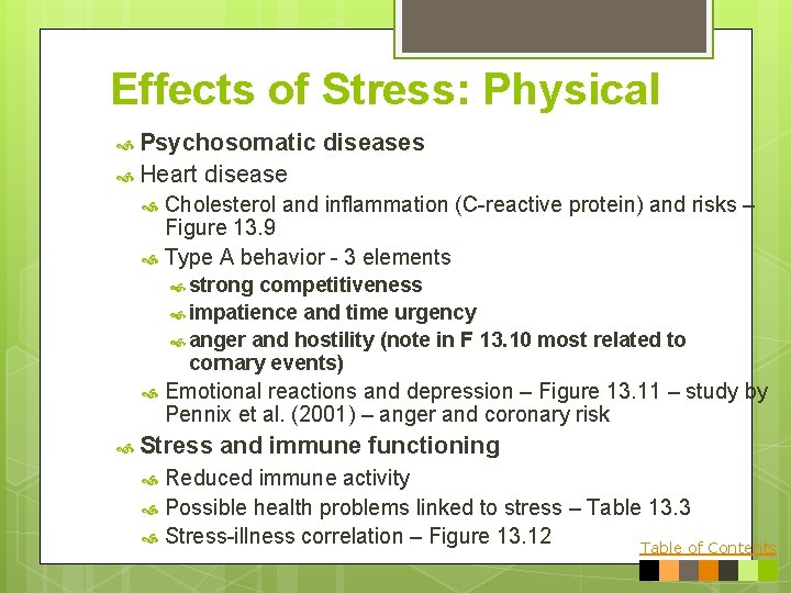 Effects of Stress: Physical Psychosomatic Heart diseases disease Cholesterol and inflammation (C-reactive protein) and