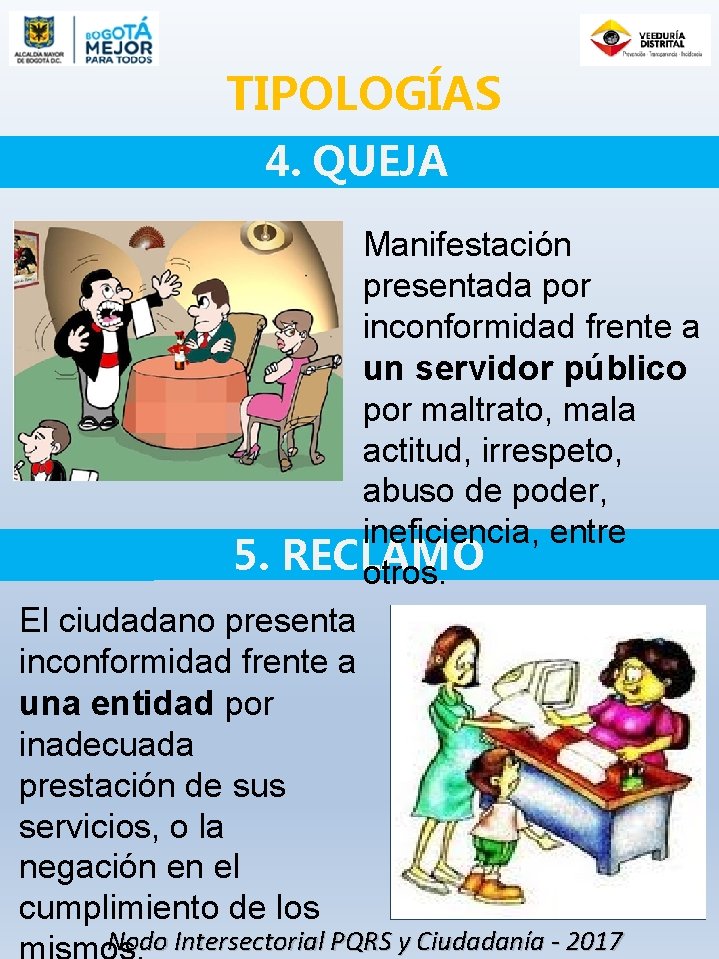 TIPOLOGÍAS 4. QUEJA Manifestación presentada por inconformidad frente a un servidor público por maltrato,