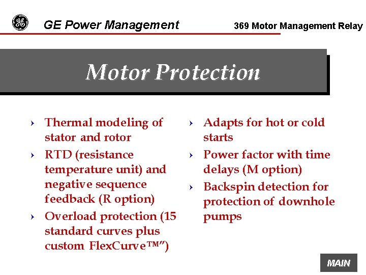 g GE Power Management 369 Motor Management Relay Motor Protection Thermal modeling of stator