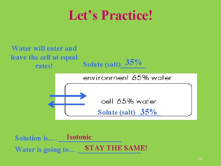 Let’s Practice! Water will enter and leave the cell at equal 35% Solute (salt)_______