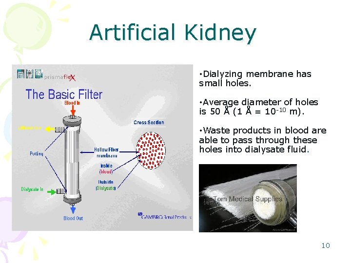 Artificial Kidney • Dialyzing membrane has small holes. • Average diameter of holes is