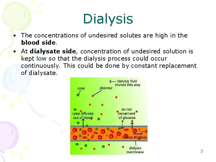 Dialysis • The concentrations of undesired solutes are high in the blood side. •