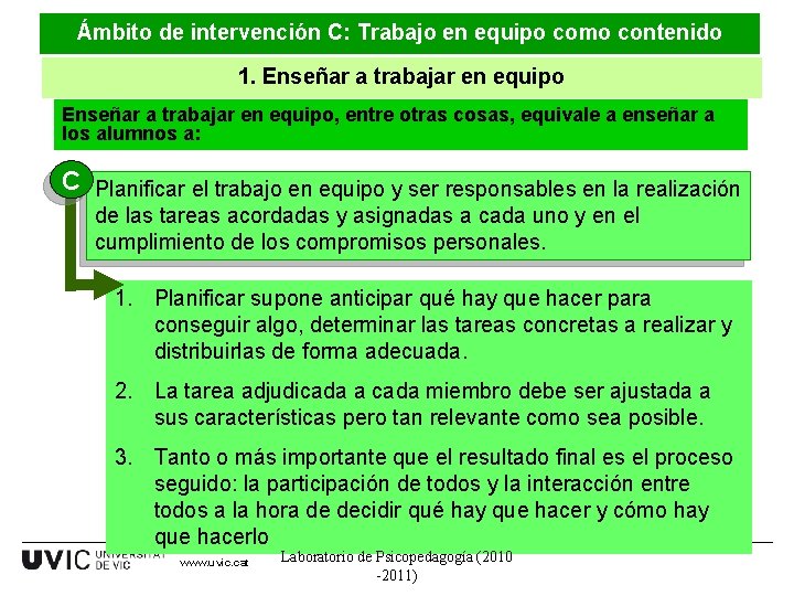 Ámbito de intervención C: Trabajo en equipo como contenido 1. Enseñar a trabajar en