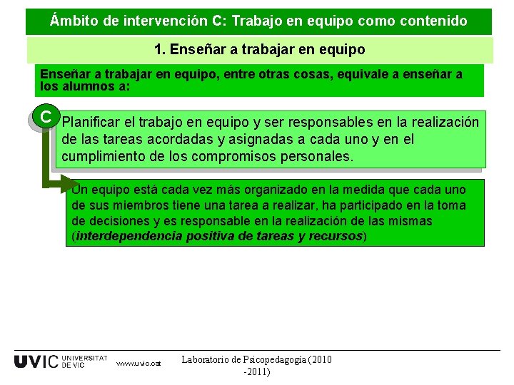 Ámbito de intervención C: Trabajo en equipo como contenido 1. Enseñar a trabajar en