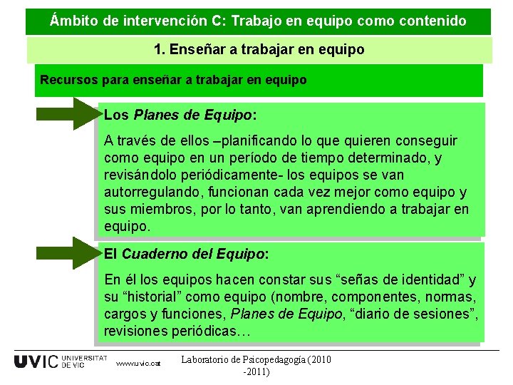 Ámbito de intervención C: Trabajo en equipo como contenido 1. Enseñar a trabajar en