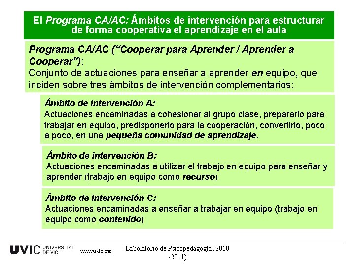 El Programa CA/AC: Ámbitos de intervención para estructurar de forma cooperativa el aprendizaje en