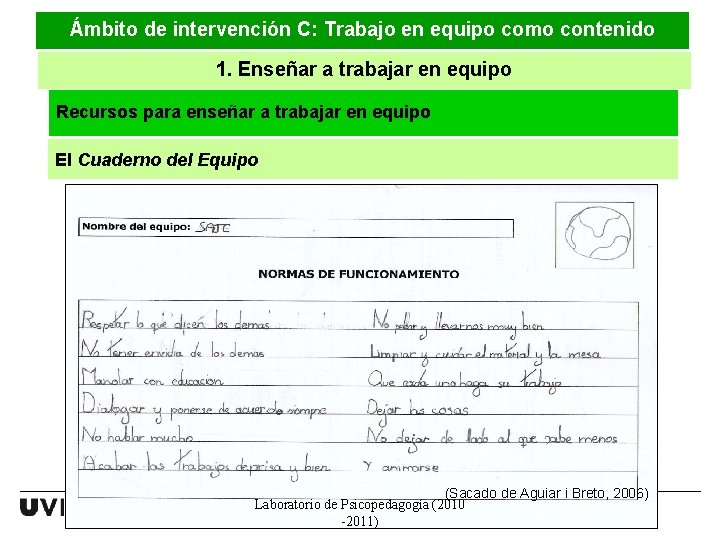 Ámbito de intervención C: Trabajo en equipo como contenido 1. Enseñar a trabajar en