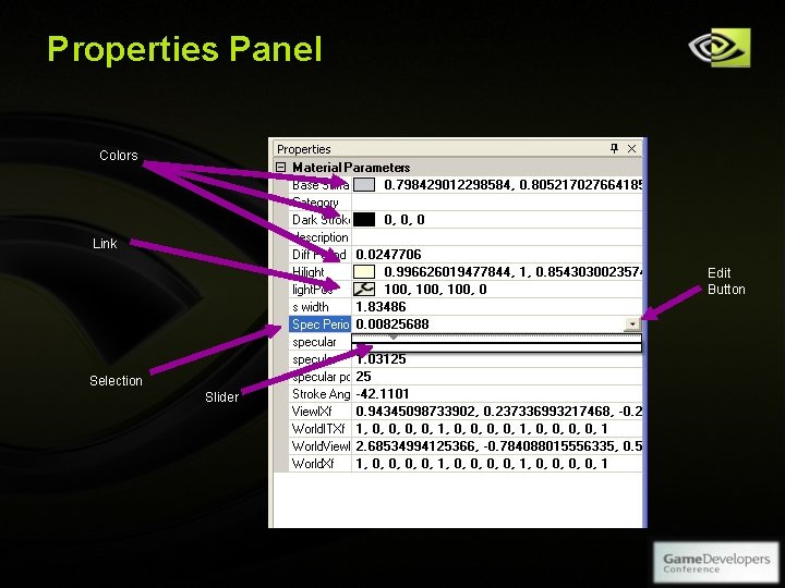 Properties Panel Colors Link Edit Button Selection Slider Copyright © NVIDIA Corporation 2004 