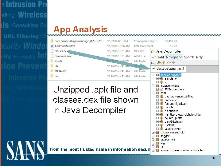 App Analysis Unzipped. apk file and classes. dex file shown in Java Decompiler from