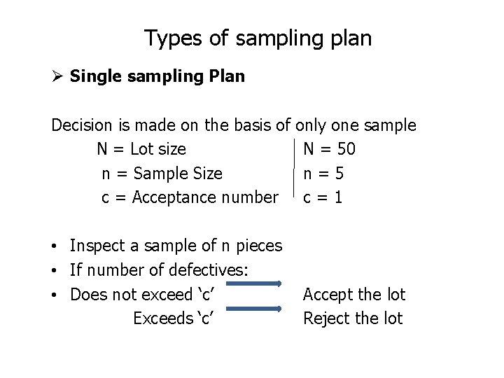 Types of sampling plan Ø Single sampling Plan Decision is made on the basis