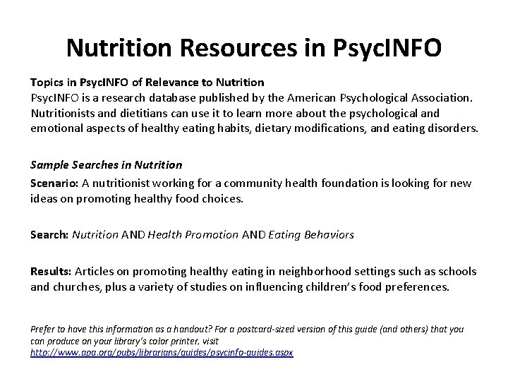 Nutrition Resources in Psyc. INFO Topics in Psyc. INFO of Relevance to Nutrition Psyc.