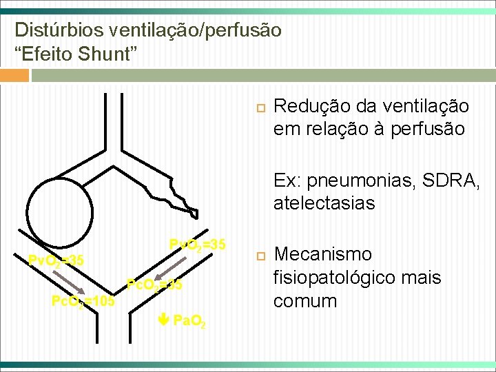 Distúrbios ventilação/perfusão “Efeito Shunt” Redução da ventilação em relação à perfusão Ex: pneumonias, SDRA,