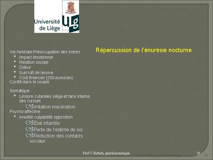  Répercussion de l’énurésie nocturne Vie familiale Préoccupation des mères Impact émotionnel Relation sociale