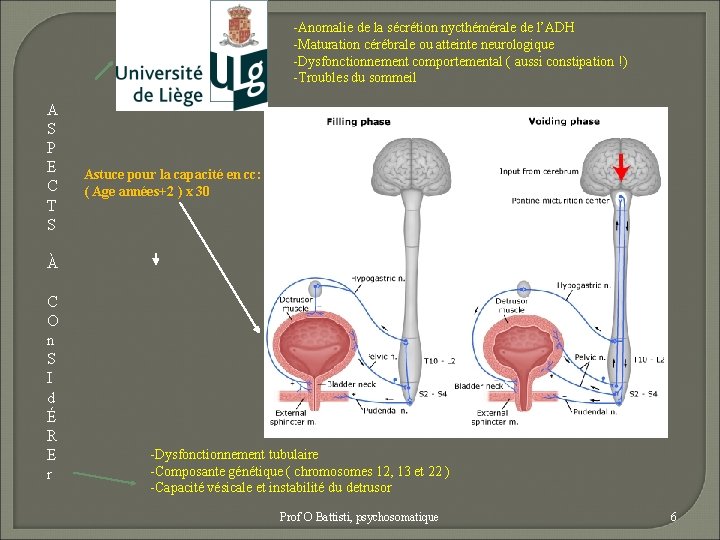 -Anomalie de la sécrétion nycthémérale de l’ADH -Maturation cérébrale ou atteinte neurologique -Dysfonctionnement comportemental