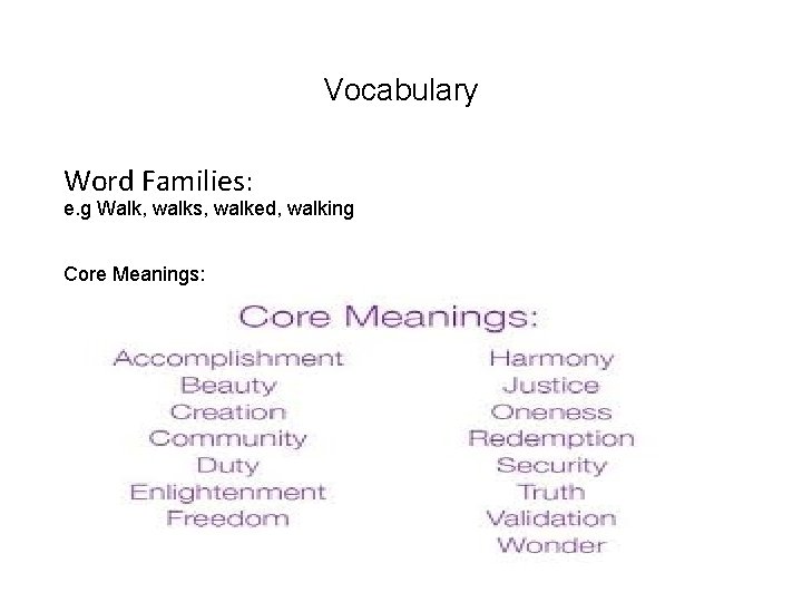 Vocabulary Word Families: e. g Walk, walks, walked, walking Core Meanings: 