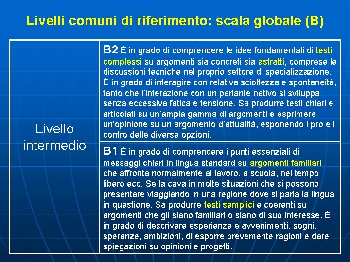 Livelli comuni di riferimento: scala globale (B) B 2 È in grado di comprendere