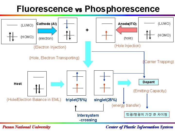 Fluorescence vs Phosphorescence (LUMO) Cathode (Al) (HOMO) (electron) (LUMO) Anode(ITO) + (HOMO) (hole) (Hole